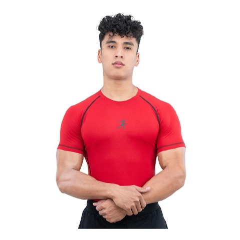 2 - Athflex Men's Muscle Fit Half Sleeve Textured Compression T-Shirt, Small Red