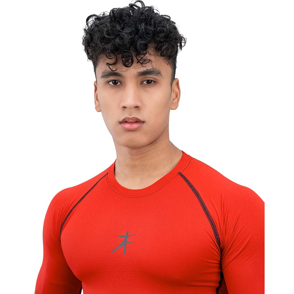 6 - Athflex Men's Muscle Fit Full Sleeve Textured Compression T-Shirt,  Medium  Scarlet Orange 