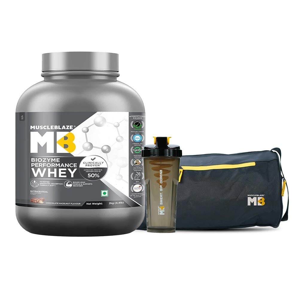 MuscleBlaze Biozyme Performance Whey 4.4 lb Chocolate Hazelnut & Gym Bag & Shaker Combo-image-30