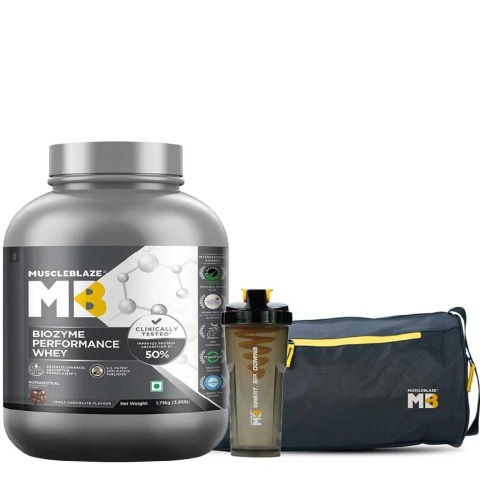 MuscleBlaze Biozyme Performance Whey 1.75 kg Triple Chocolate & Shaker & Gym Bag Combo
