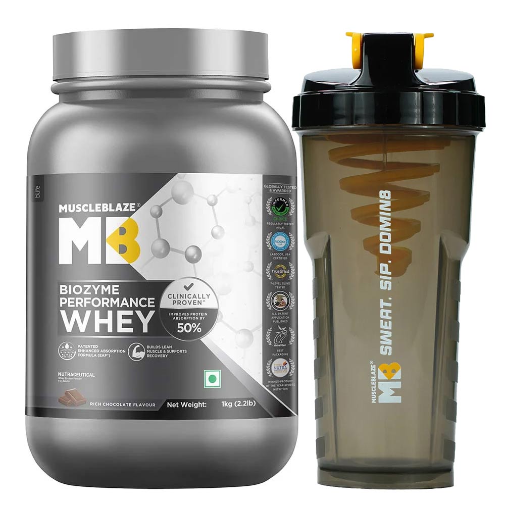 MuscleBlaze Biozyme Performance Whey 2.2 lb Rich Chocolate & Shaker Combo-image-15