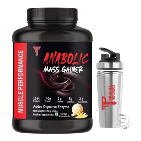 1 - Muscle Performance Anabolic Mass Gainer,  5.5 lb  Creamy Vanilla with Steel Shaker 