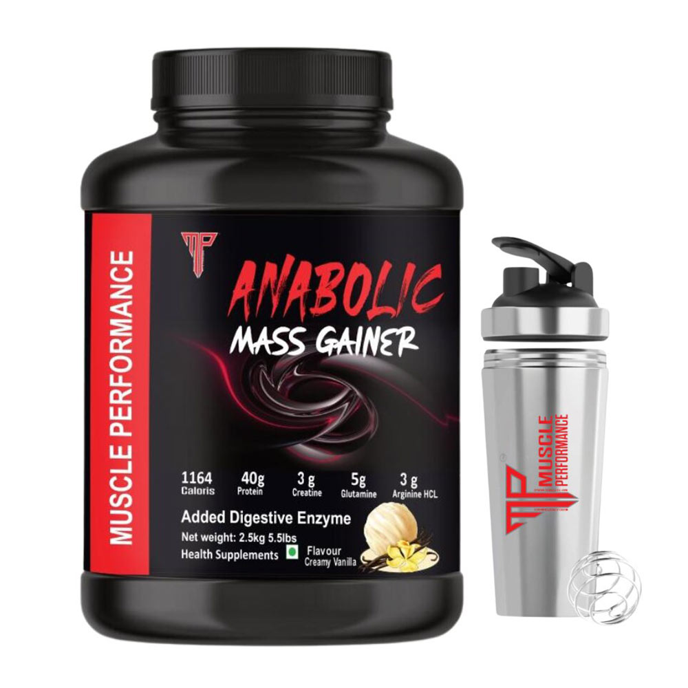 1 - Muscle Performance Anabolic Mass Gainer,  5.5 lb  Creamy Vanilla with Steel Shaker 