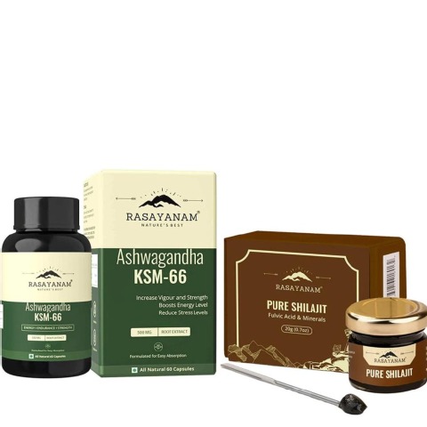 1 - Rasayanam Ashwagandha KSM-66 60 Capsules & Pure Himalayan Shilajit Combo,  20 g 