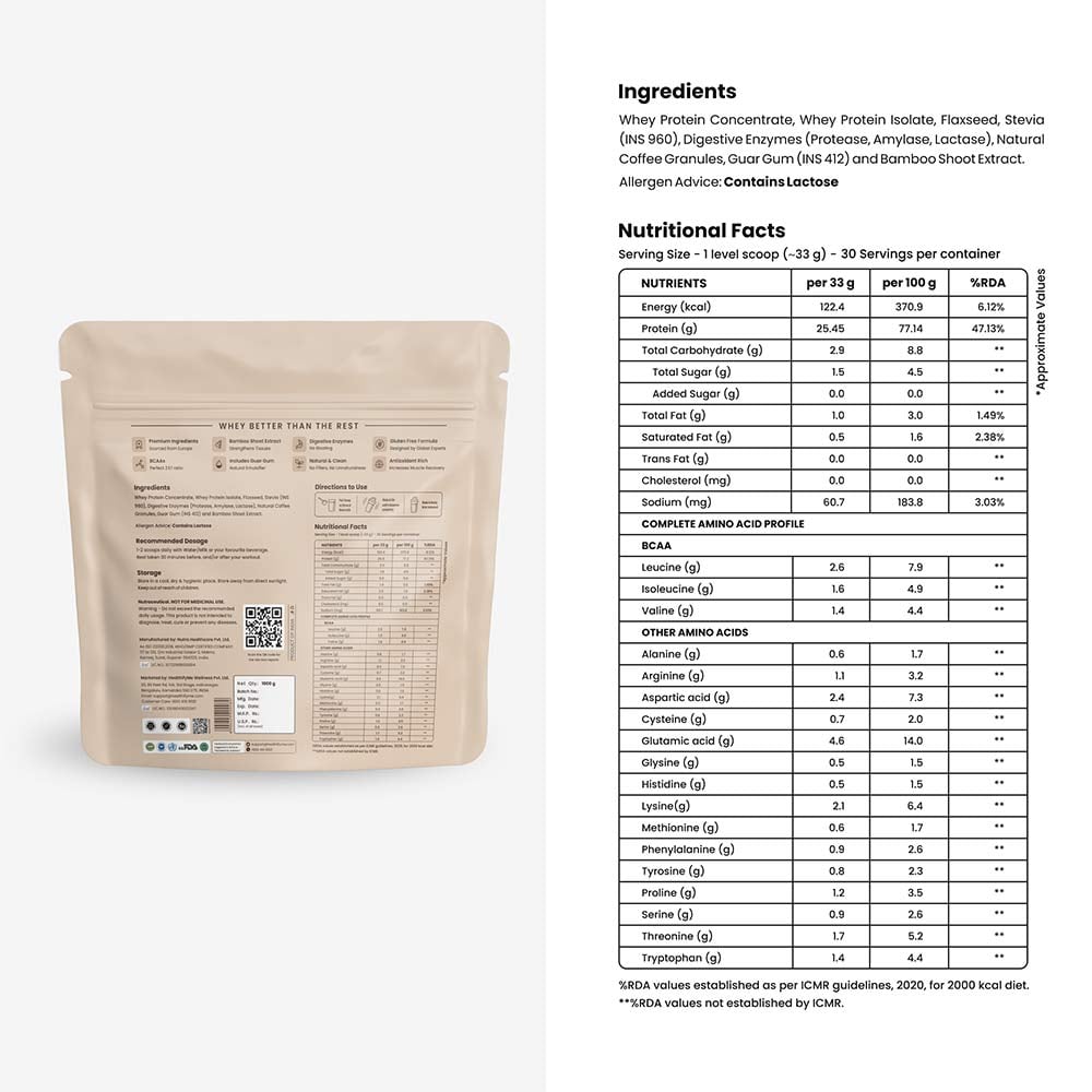 4 - HealthifyMe 100% Whey Protein,  2.2 lb  Creamy Coffee 
