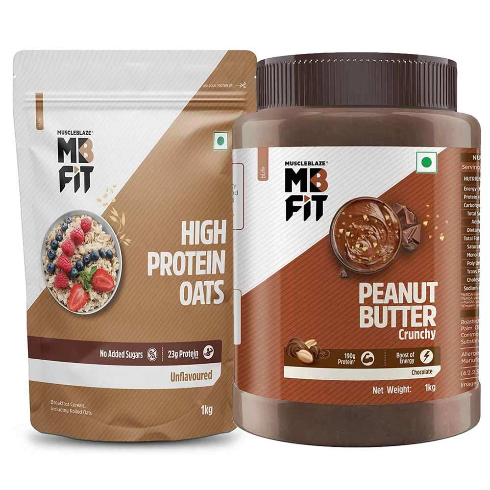 MuscleBlaze High Protein Oats 1 kg Unflavoured & Chocolate Peanut Butter 1 kg Crunchy Combo