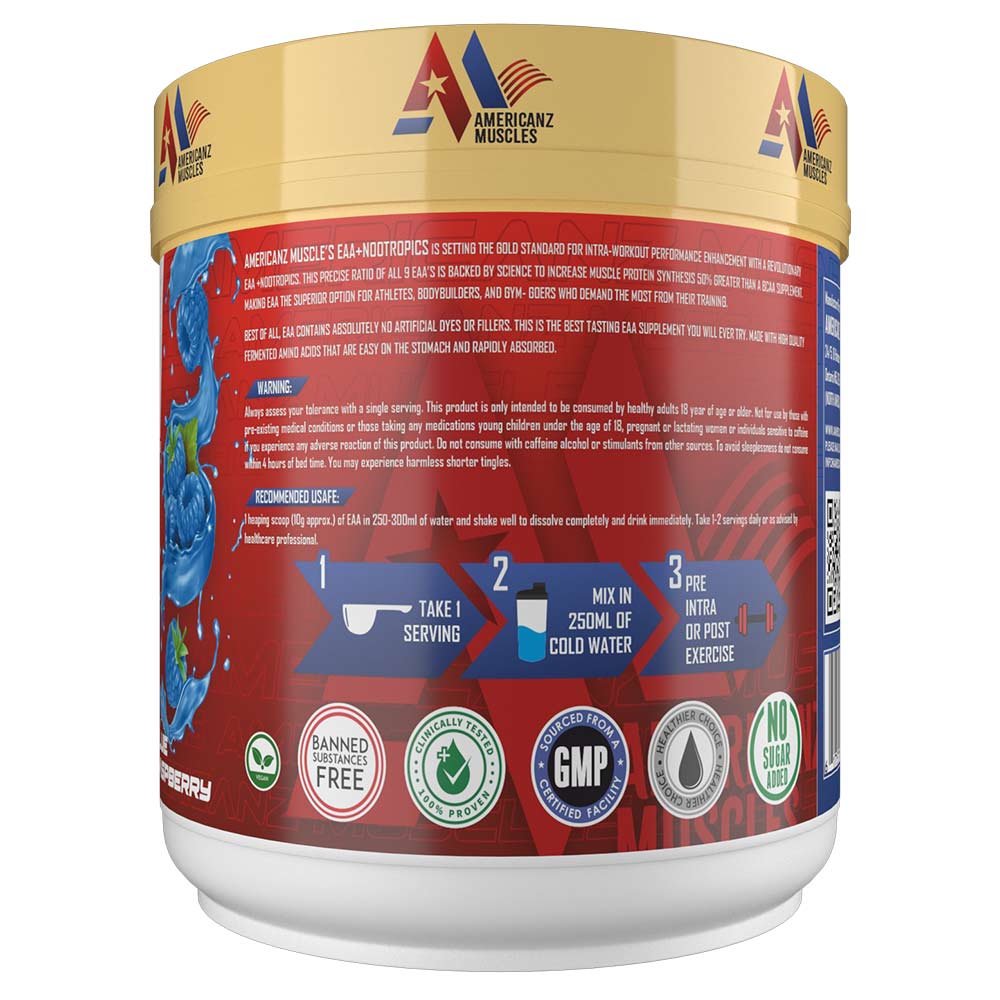 2 - Americanz Muscles EAA + Nootropics 8:1:1,  Blue Raspberry  0.66 lb  30 Servings 