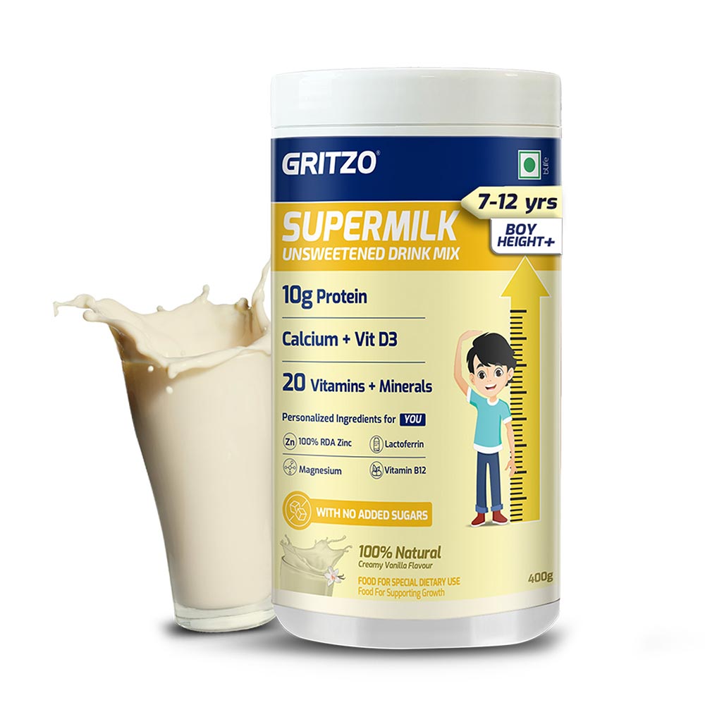 Supermilk Gritzo Height+ Unsweetened for 7-12 Yrs Boy Personalized Protein and Nutrition Drink Mix, 400 g Creamy Vanilla