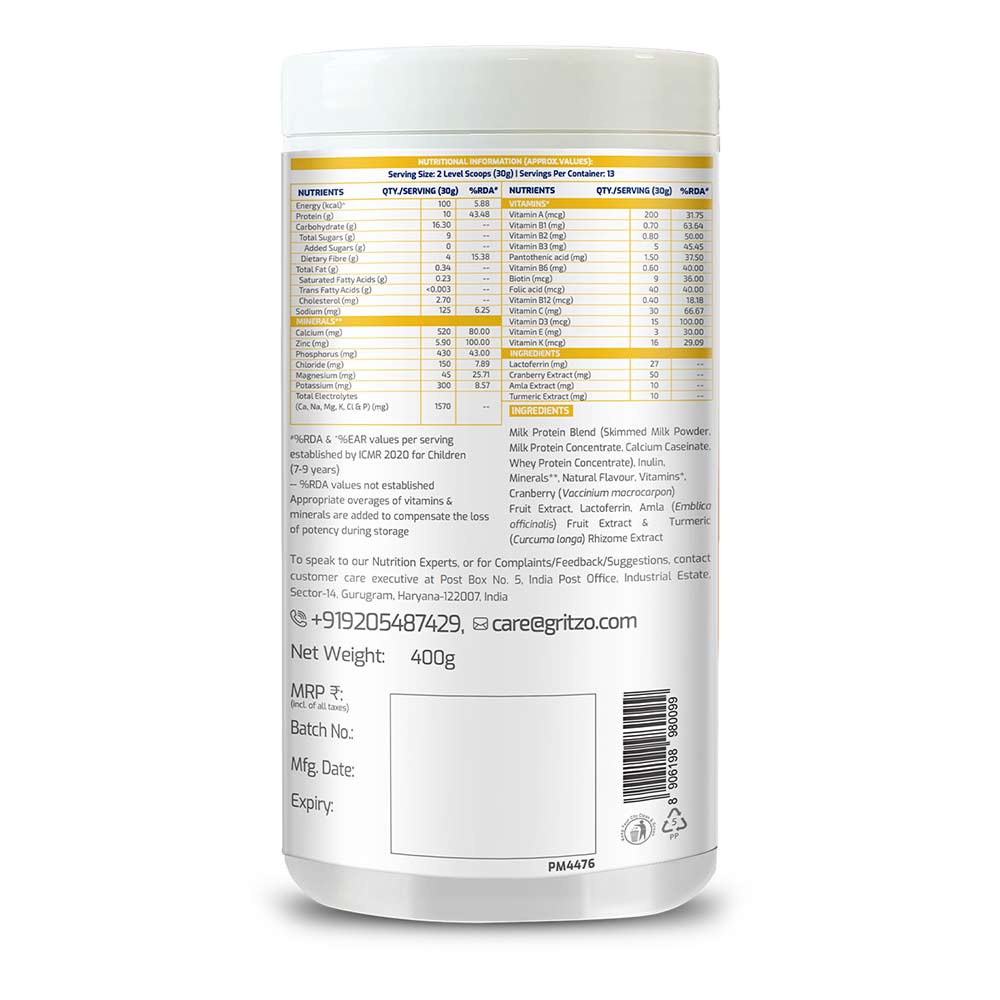 4 - Gritzo SuperMilk Height+ Unsweetened 7-9y Girls Personalized Protein and Nutrition Drink Mix,  400 g  Creamy Vanilla