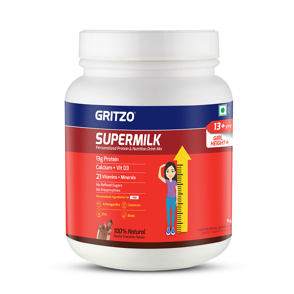 Supermilk Gritzo Height+ for 13+ Yrs Girls Personalized Protein & Nutrition Drink Mix,  1 kg  Double Chocolate 