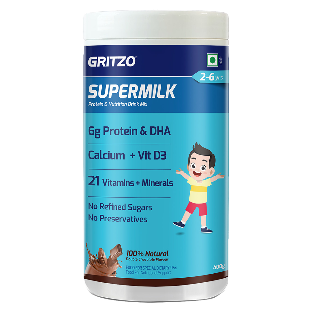 Supermilk Gritzo Overall Growth for Boy/Girl 2-6 Yrs Protein & Nutrition Drink Mix,  400 g  Double Chocolate 
