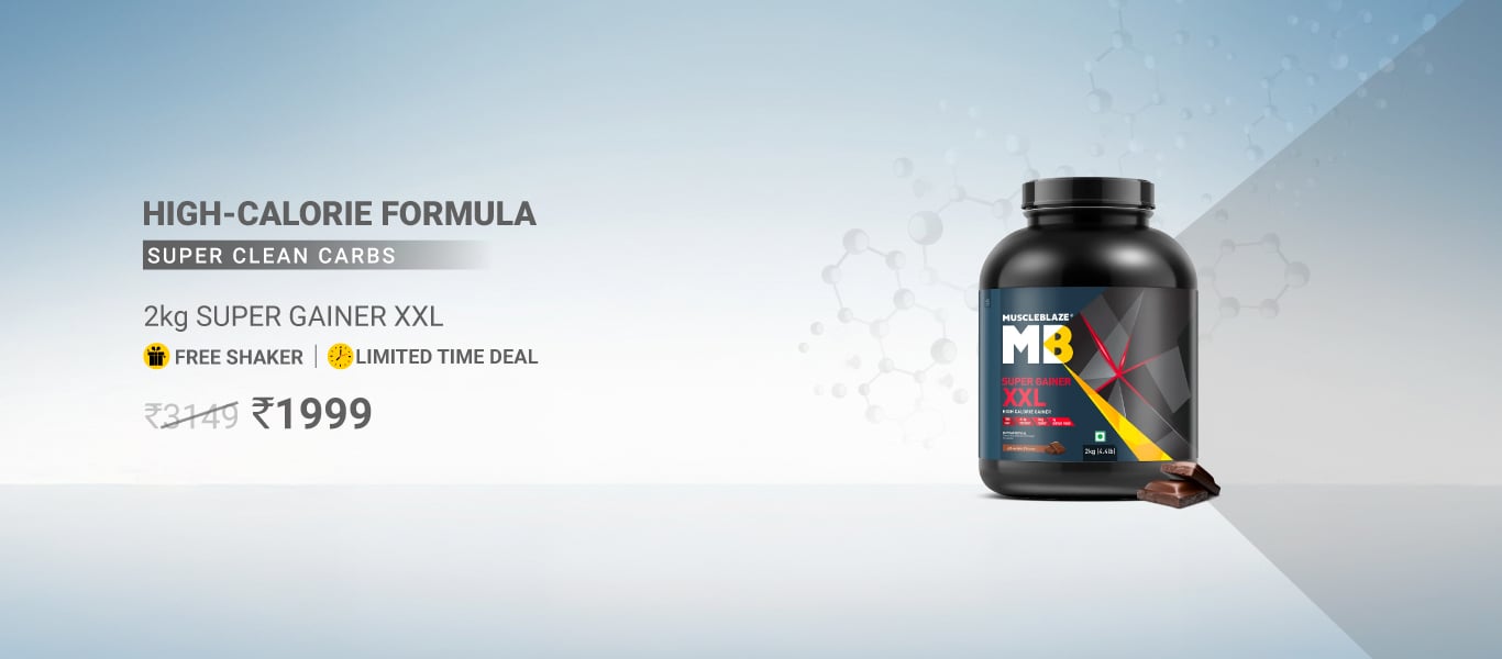 MuscleBlaze Super Gainer XXL Weight Gainer, 2 kg (4.4 lb), Chocolate @ 1999 + Free Shaker