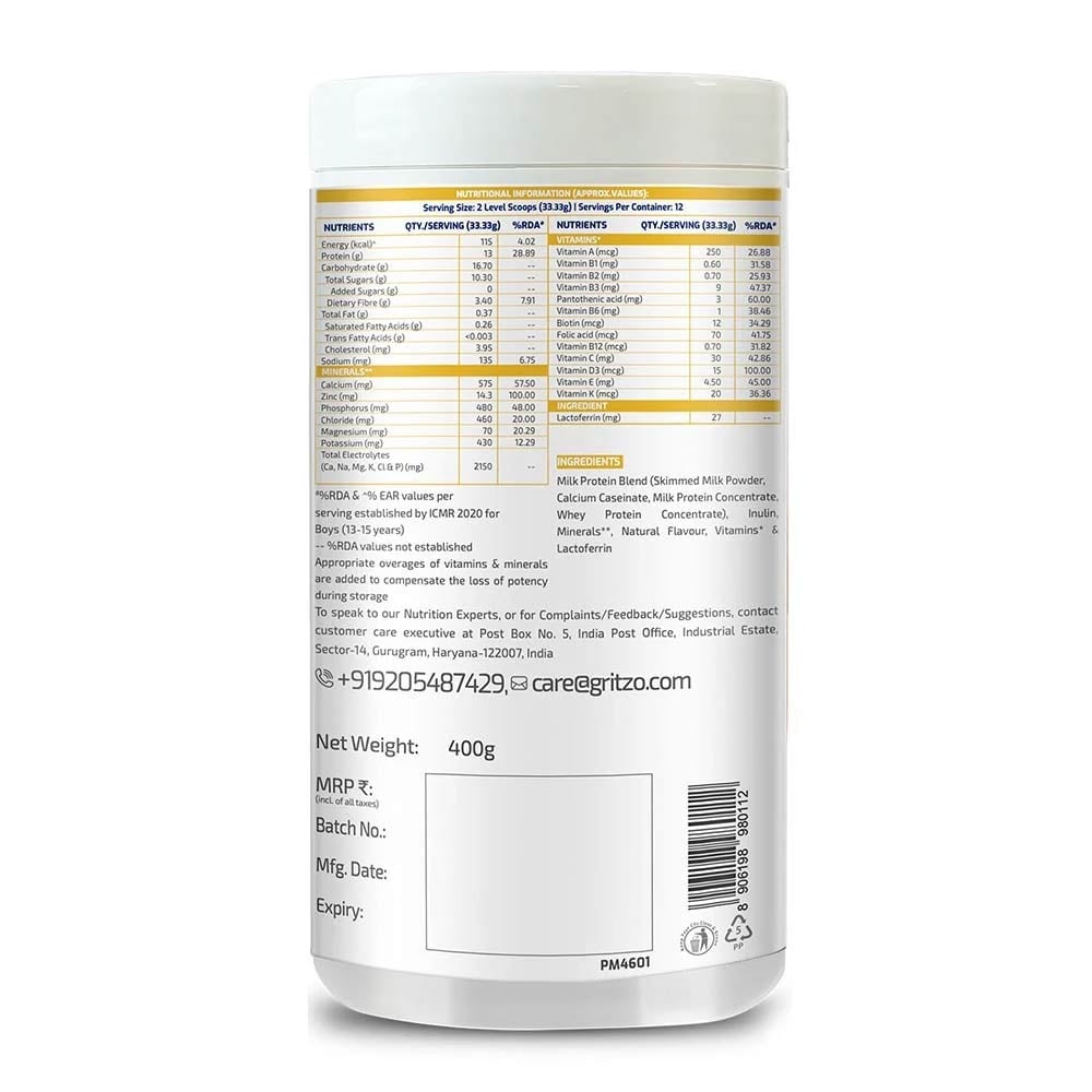 6 - Supermilk Gritzo Height+ Unsweetened 13+ y Boys Personalized Protein and Nutrition Drink Mix,  400 g  Creamy Vanilla