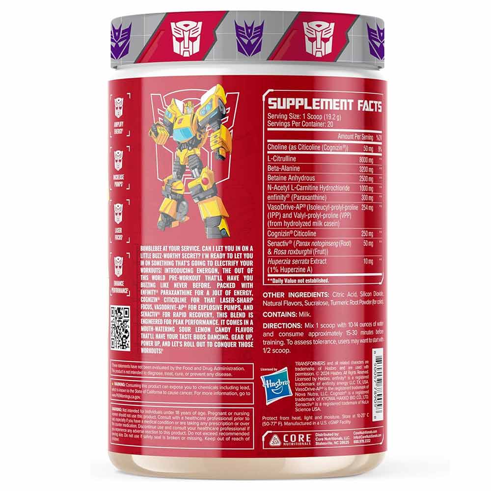2 - Core Nutritionals Transformers Energon Pre Workout,  0.85 lb  Sour Lemon Candy 