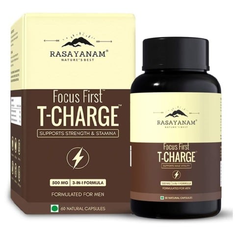 1 - Rasayanam T-Charge 500mg 3-in-1 Testosterone Supplement for Men,  60 capsules  Unflavoured 