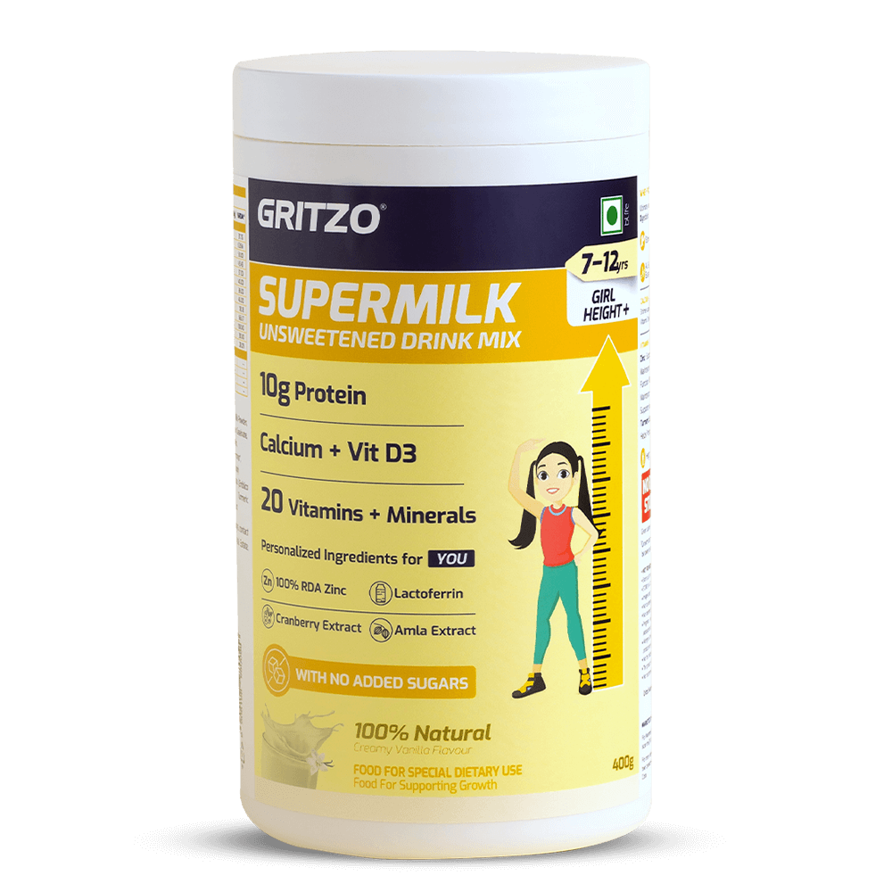 1 - Supermilk Height+ Unsweetened for 7-12 Yrs Girl Personalized Protein and Nutrition Drink Mix,  400 g  Creamy Vanilla 