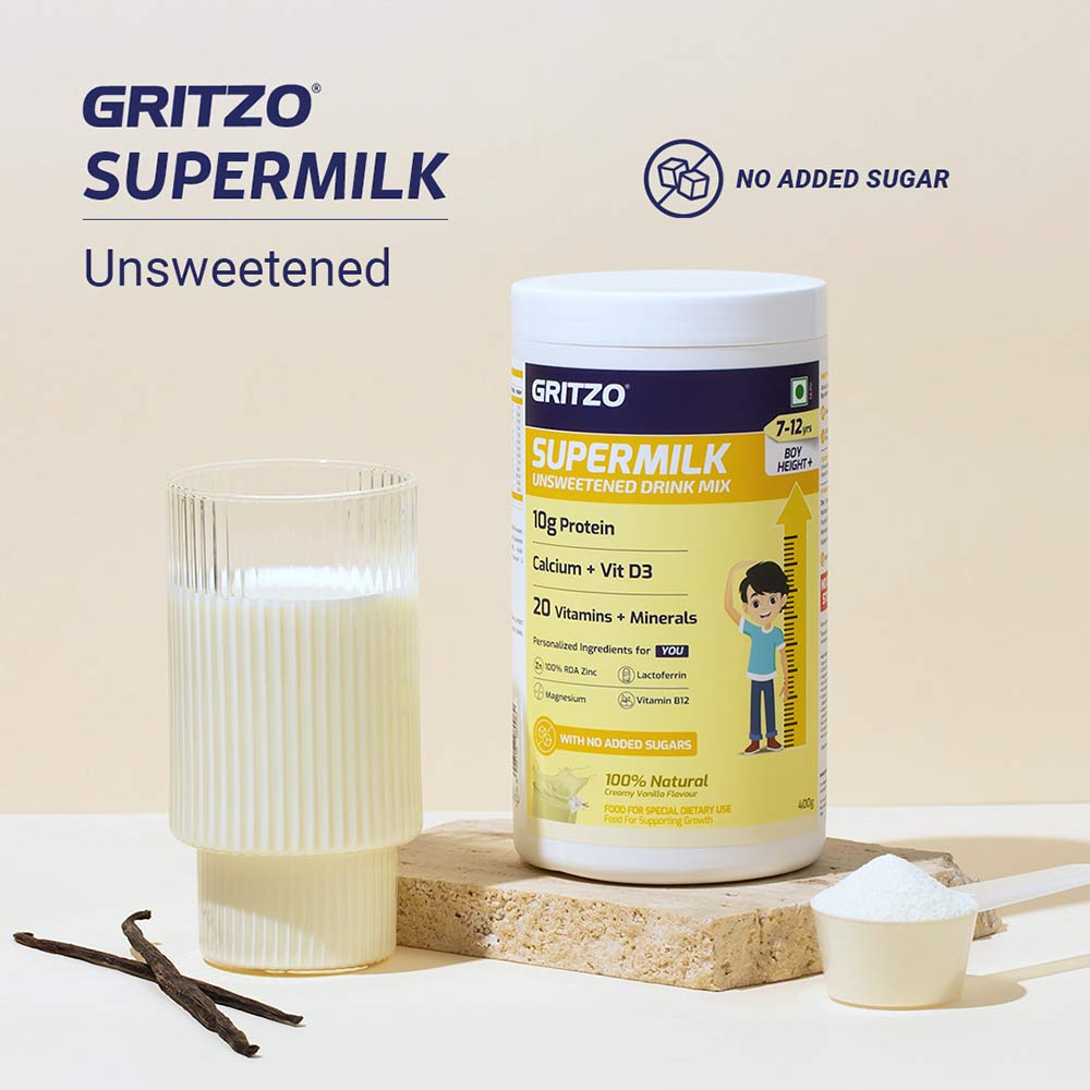 2 - Supermilk Gritzo Height+ Unsweetened for 7-12 Yrs Boy Personalized Protein and Nutrition Drink Mix,  400 g  Creamy Vanilla