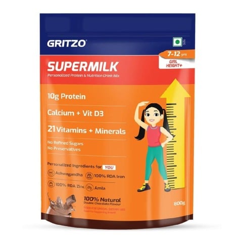 1 - Supermilk Gritzo Height+ for 7-12 Yrs Girls Personalized Protein & Nutrition Drink Mix, 800 g Double Chocolate