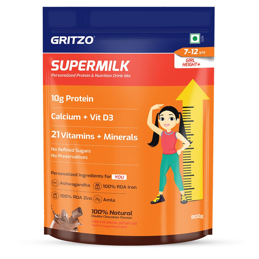 1 - Supermilk Gritzo Height+ for 7-12 Yrs Girls Personalized Protein & Nutrition Drink Mix,  800 g  Double Chocolate 