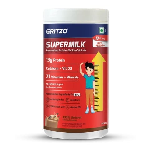 1 - Supermilk Gritzo Height+ for 13+ Yrs Boys Personalized Protein & Nutrition Drink Mix,  400 g  Cafe Mocha 