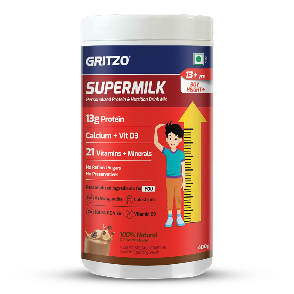 1 - Supermilk Gritzo Height+ for 13+ Yrs Boys Personalized Protein & Nutrition Drink Mix,  400 g  Cafe Mocha 