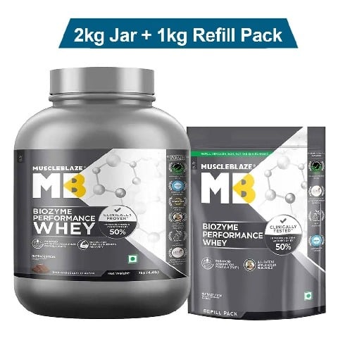 MuscleBlaze Biozyme Performance Whey 3kg Rich Chocolate (2kg Jar+1kg Refill Pack) Combo