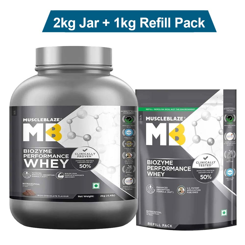 MuscleBlaze Biozyme Performance Whey 3kg Rich Chocolate (2kg Jar+1kg Refill Pack) Combo