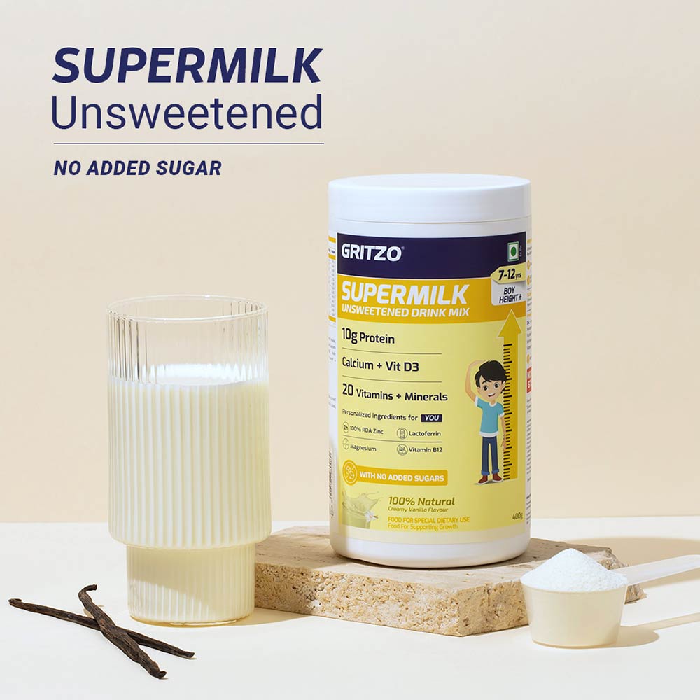 Supermilk Gritzo Height+ Unsweetened for 7-12 Yrs Boy Personalized Protein and Nutrition Drink Mix,  400 g  Creamy Vanilla