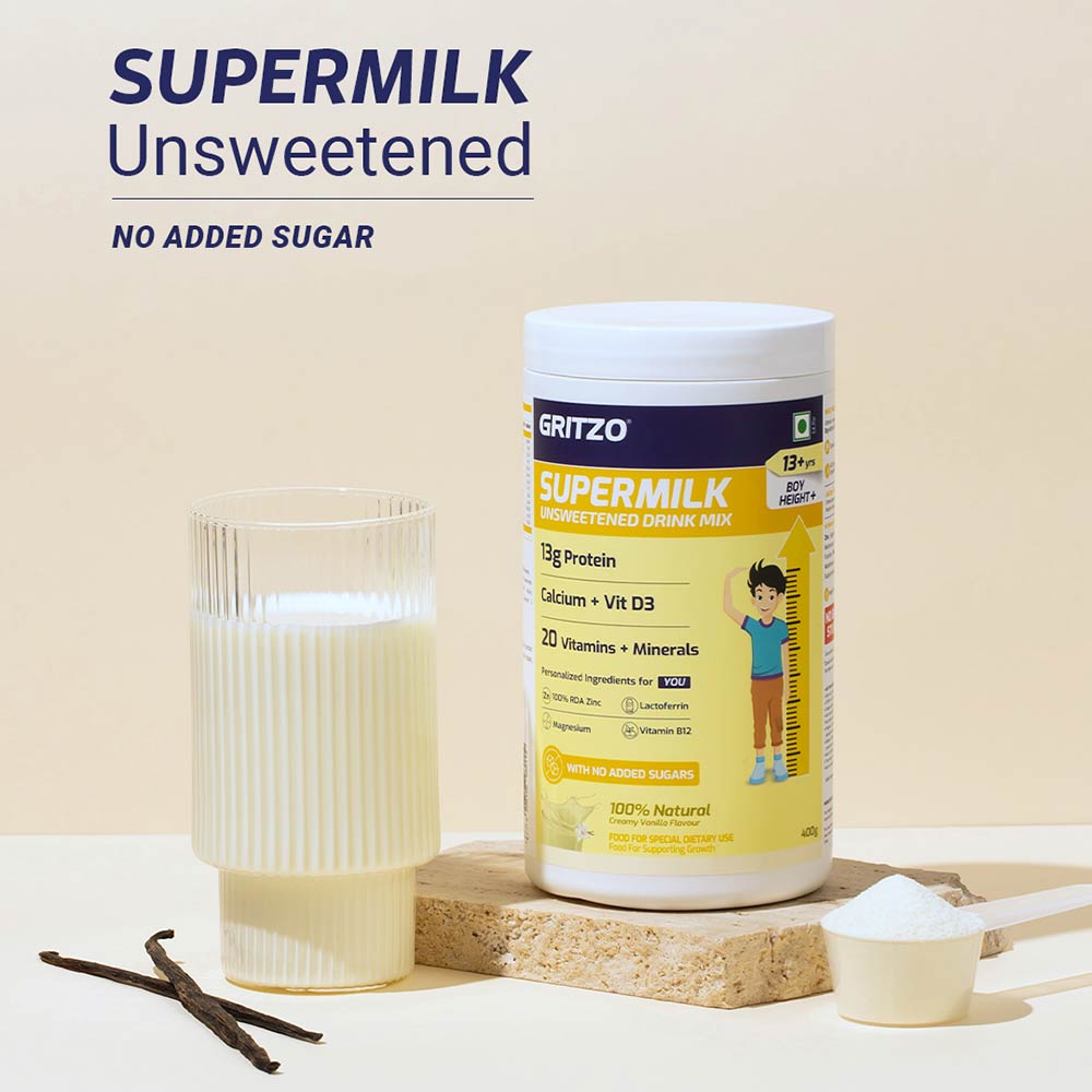 Supermilk Height+ Unsweetened for 13+ Yrs Boy Personalized Protein and Nutrition Drink Mix,  400 g  Creamy Vanilla