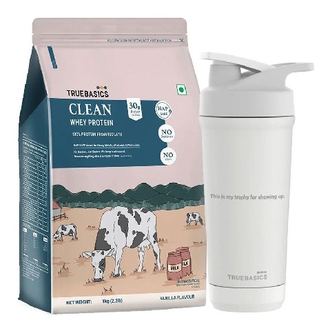 TrueBasics Clean Whey Protein Isolate 2.2 lb Vanilla & Steel Pro Shaker 700 ml Combo