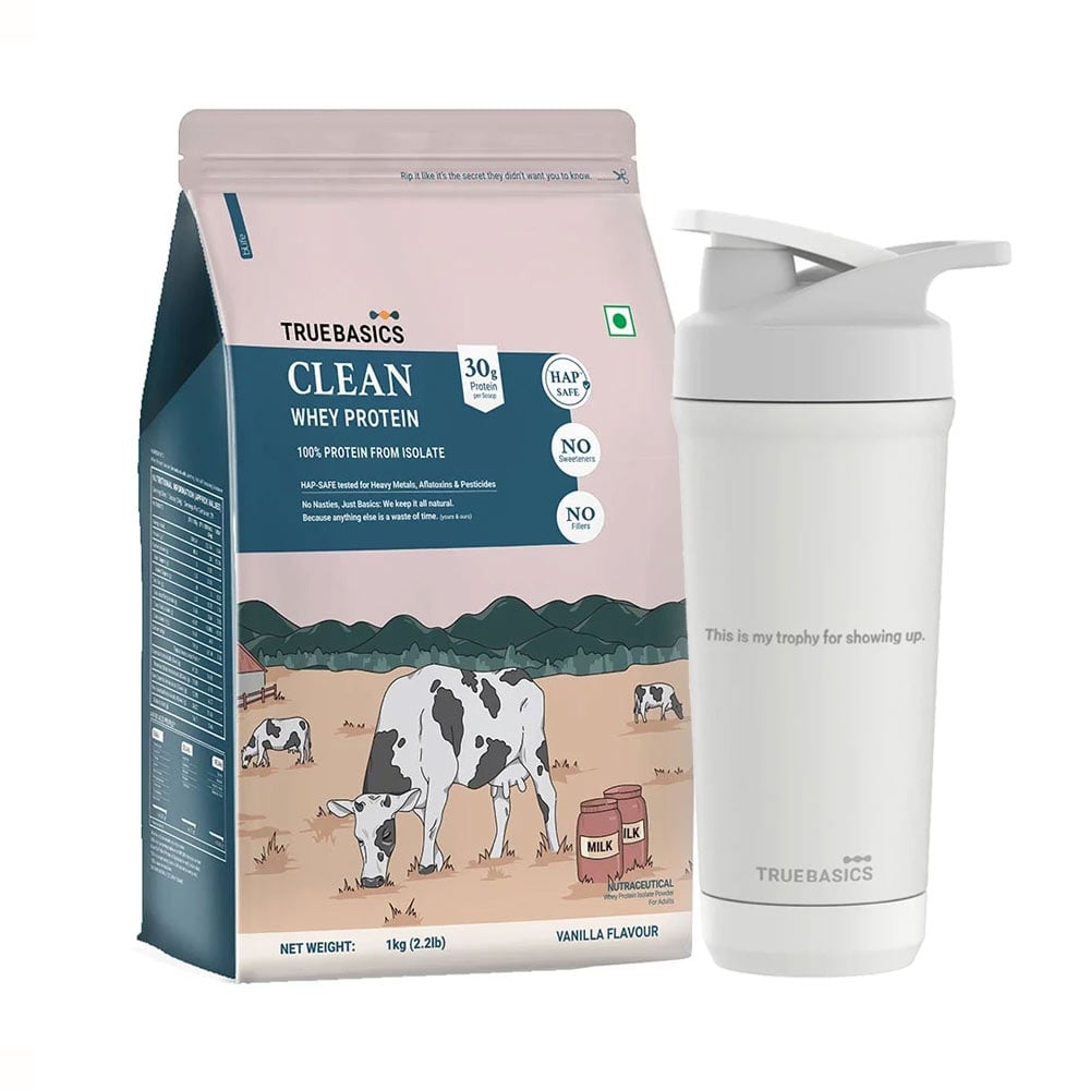 TrueBasics Clean Whey Protein Isolate 2.2 lb Vanilla & Steel Pro Shaker 700 ml Combo