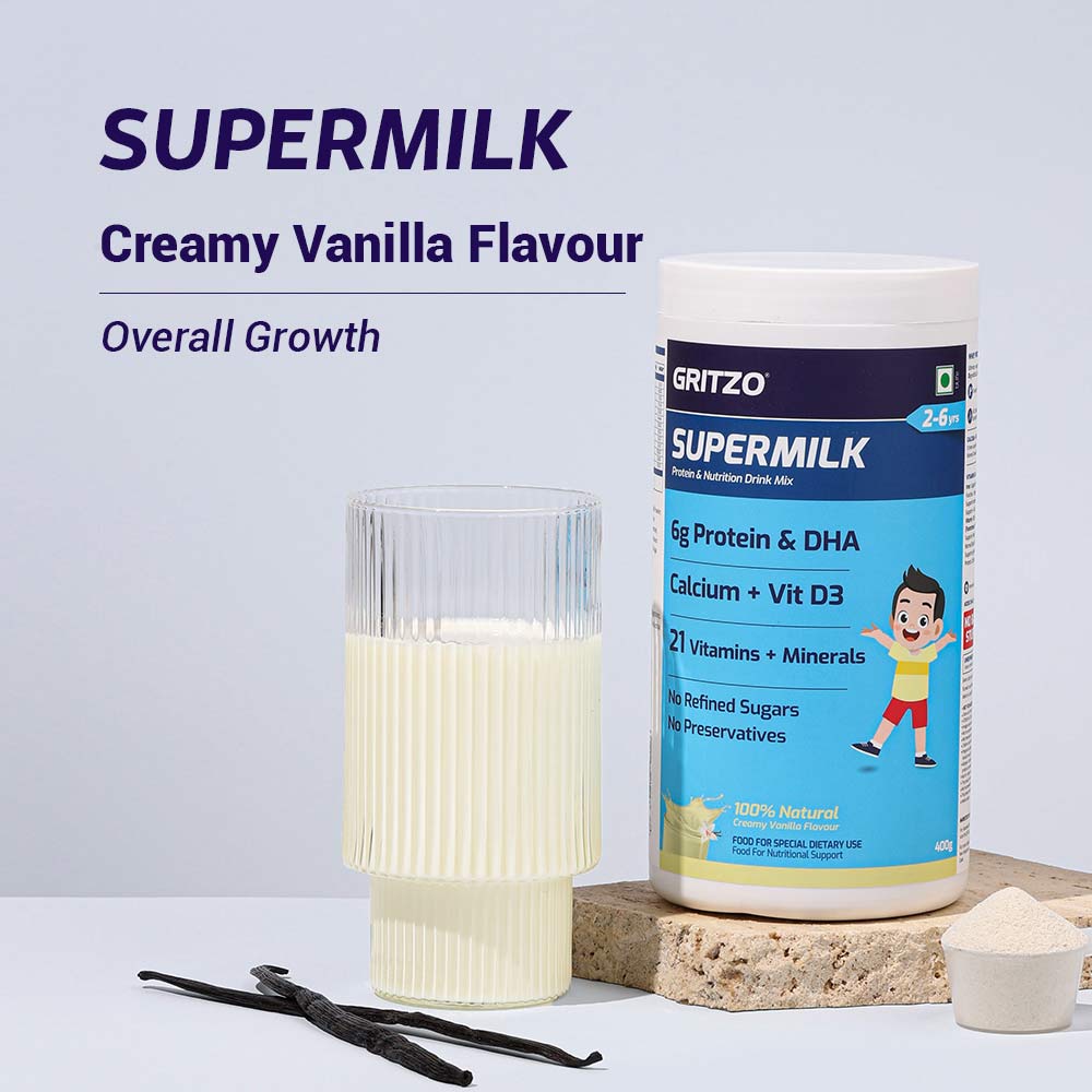 2 - Gritzo Supermilk Personalized Protein and Nutrition Drink Mix for 2-6 y Girl Overall Growth,  300 g  Creamy Vanilla
