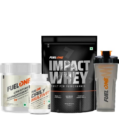 Fuel One Impact Whey Protein 1kg Chocolate & Creatine Monohydrate 100g & Daily Multivitamin 30 Tabs & Shaker Combo