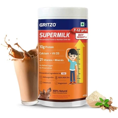 1 - Supermilk Gritzo Height+ for Boy 7-12 Yrs Personalized Protein & Nutrition Drink Mix Powder, 400 g Double Chocolate