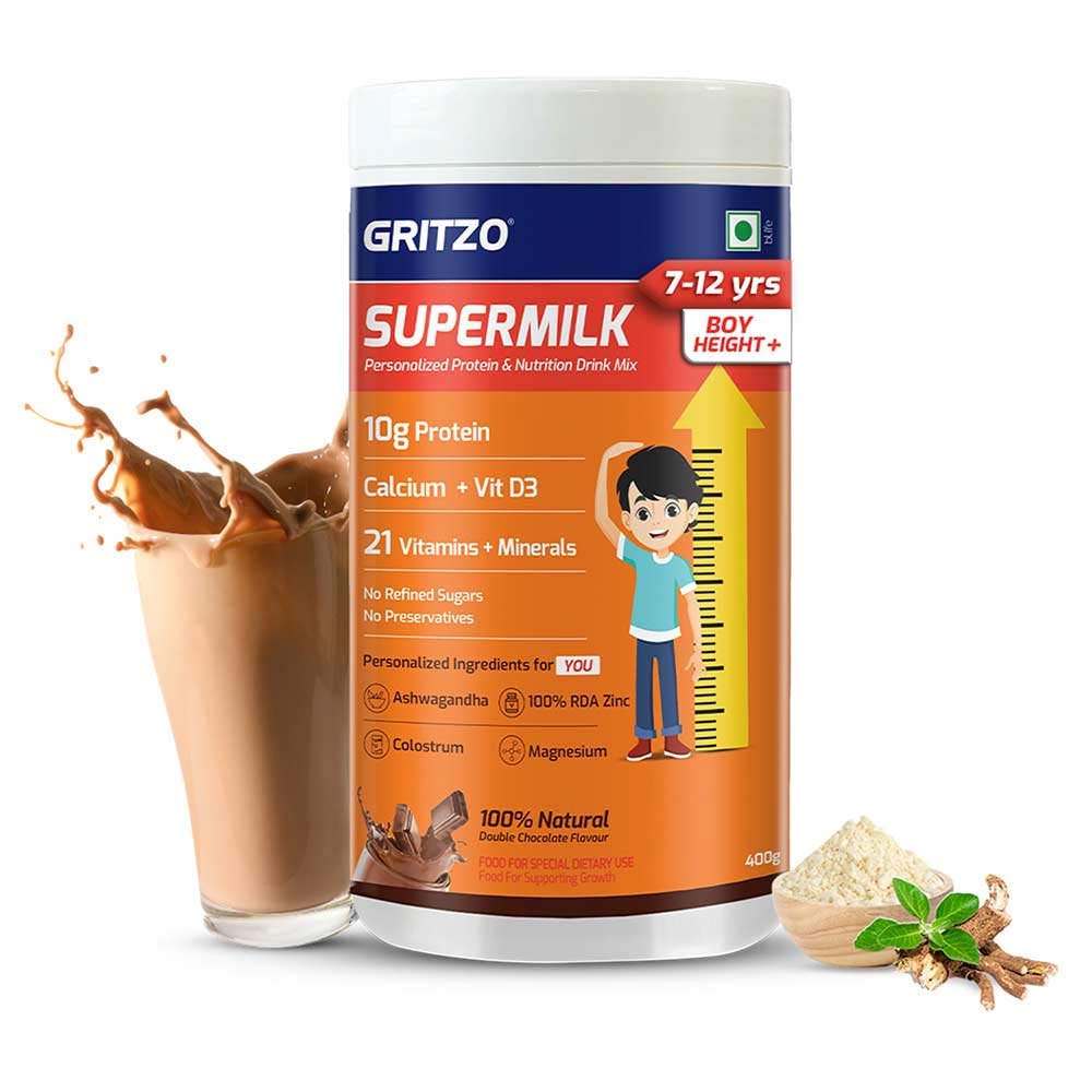 1 - Supermilk Gritzo Height+ for Boy 7-12 Yrs Personalized Protein & Nutrition Drink Mix Powder,  400 g  Double Chocolate 