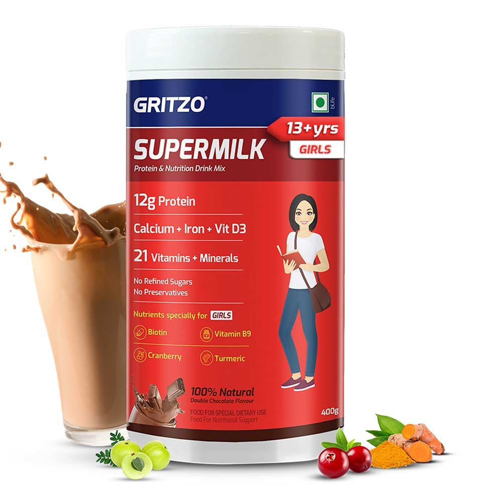 4 - Supermilk Gritzo Overall Growth for 13+ Yrs Girls Protein & Nutrition Drink Mix OP,  400 g  Natural Double Chocolate 