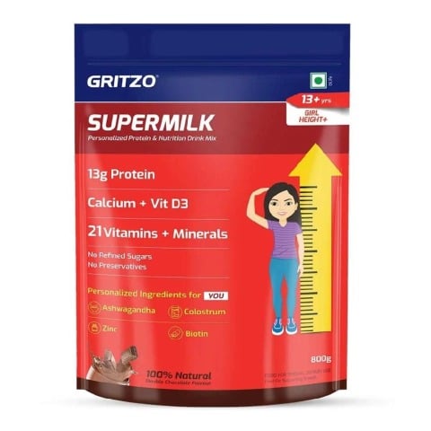 2 - Supermilk Gritzo Height+ for 13+ Yrs Girls Personalized Protein & Nutrition Drink Mix OP,  1 kg  Double Chocolate 