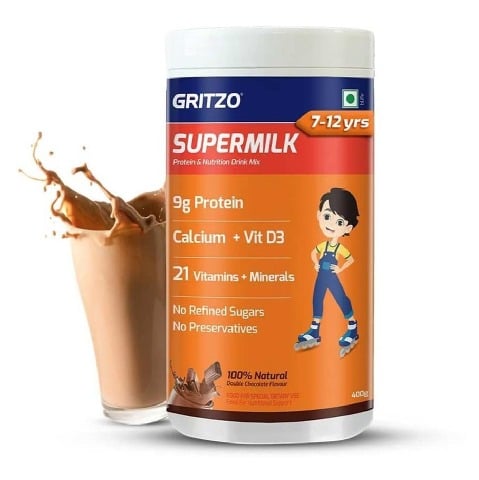2 - Supermilk Gritzo Overall Growth for Boy 7-12 Yrs Protein & Nutrition Drink Mix OP,  400 g  Natural Double Chocolate 