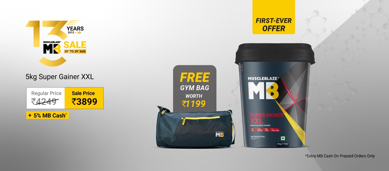 5kg Super Gainer Chocolate @ 3899 + Free Gym Bag + 5% MB Cash
