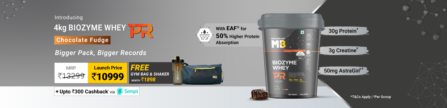MuscleBlaze Biozyme Whey PR, 4 kg (8.8 lb), Chocolate Fudge | Launch - 10999 with Free bag and shaker