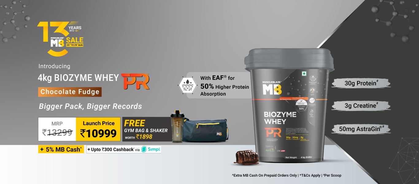 Launch: MuscleBlaze Biozyme Whey PR 4kg Chocolate Fudge @ 10999 + Free Gym BAg & Shaker + 5% MB Cash