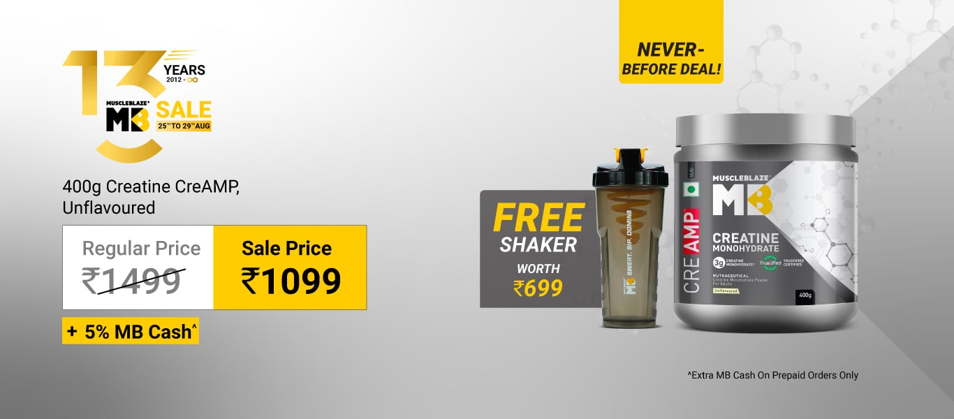 400g MuscleBlaze Creatine Monohydrate CreAMP @ 1099 + Free Shaker + 5% MB Cash