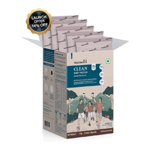 TrueBasics Clean Whey Protein (Isolate), 0.37 lb Chocolate Pack of 5 (34 g x 5)