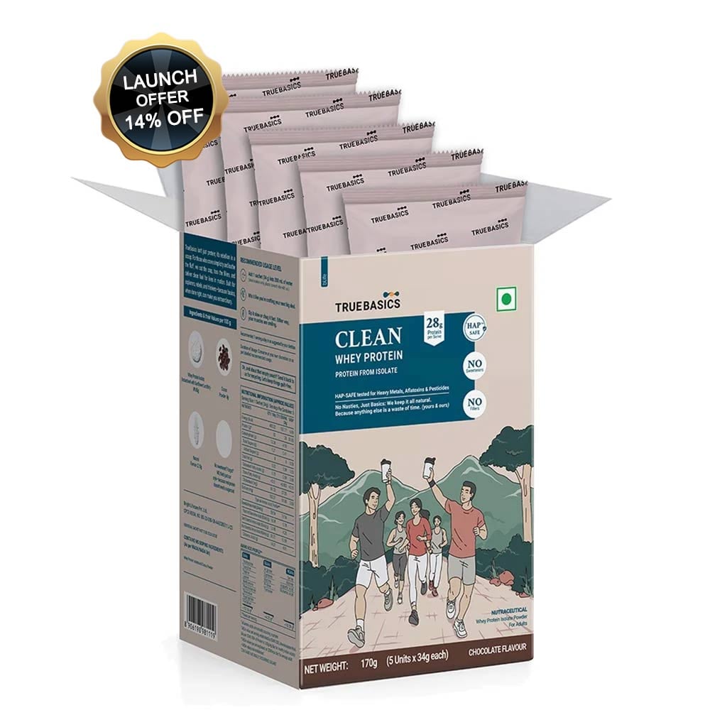 TrueBasics Clean Whey Protein (Isolate), 0.37 lb Chocolate Pack of 5 (34 g x 5)