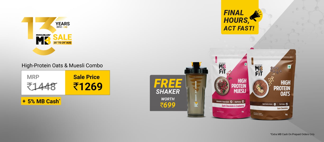 Few Hours Left: High Protein Oats Dark Chocolate & High Protein Muesli Dark Chocolate & Cranberry 1 kg Combo @ 1269 + Free SHaker + 5% MB Cash