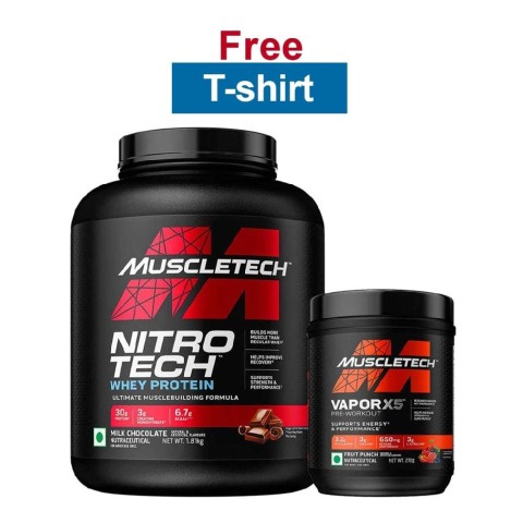 MuscleTech NitroTech Whey Protein 4 lb Milk Chocolate(India) & Vapor X5 Combo,  0.59 lb  Fruit Punch 