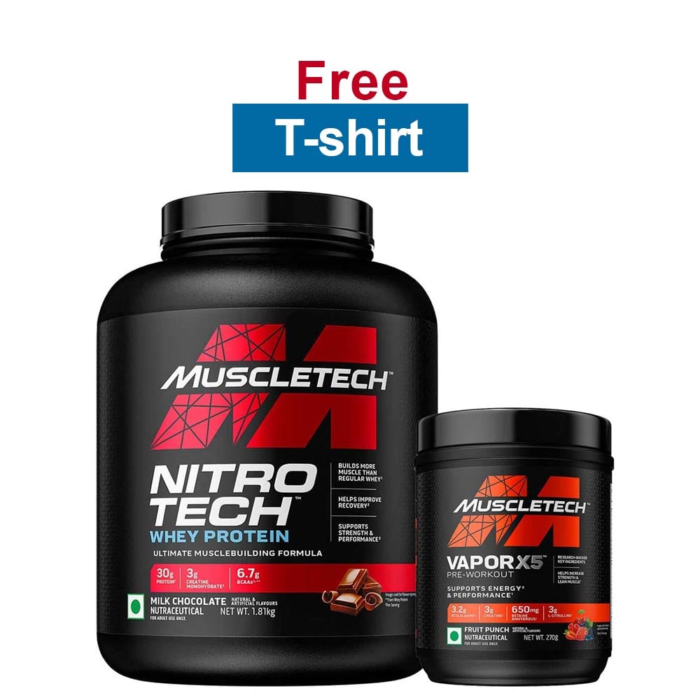 MuscleTech NitroTech Whey Protein 4 lb Milk Chocolate(India) & Vapor X5 Combo,  0.59 lb  Fruit Punch 