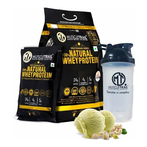 1 - Muscle Trail Gold Standard Series 100% Natural Whey Protein, 60 sachets/pack Kesar Kaju Pista (with Free Shaker Inside)