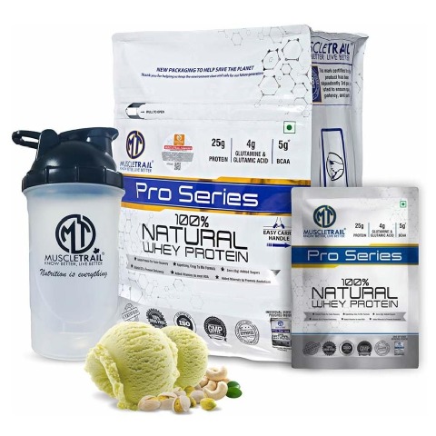 1 - Muscle Trail Pro Series 100% Natural Whey Protein,  50 sachets/pack  Kesar Kaju Pista (with Free Shaker Inside) 
