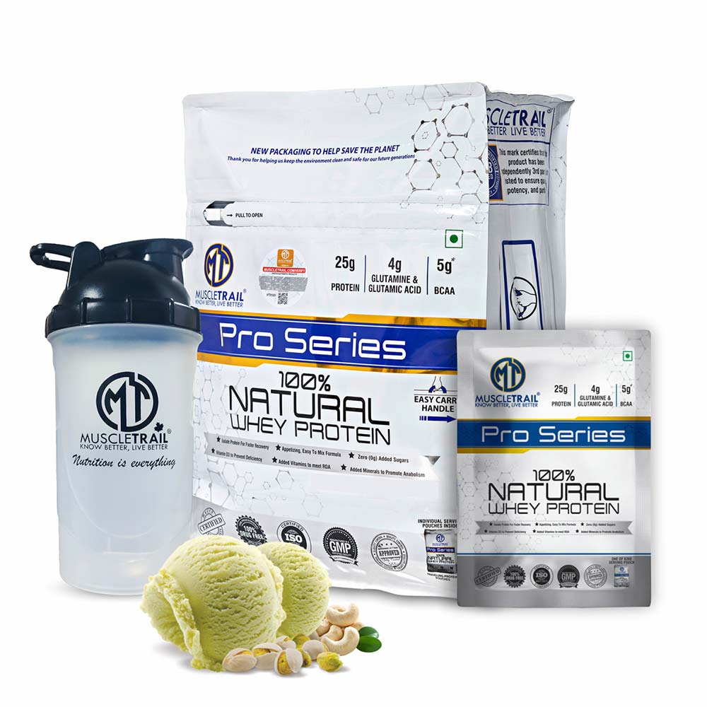 1 - Muscle Trail Pro Series 100% Natural Whey Protein,  50 sachets/pack  Kesar Kaju Pista (with Free Shaker Inside) 